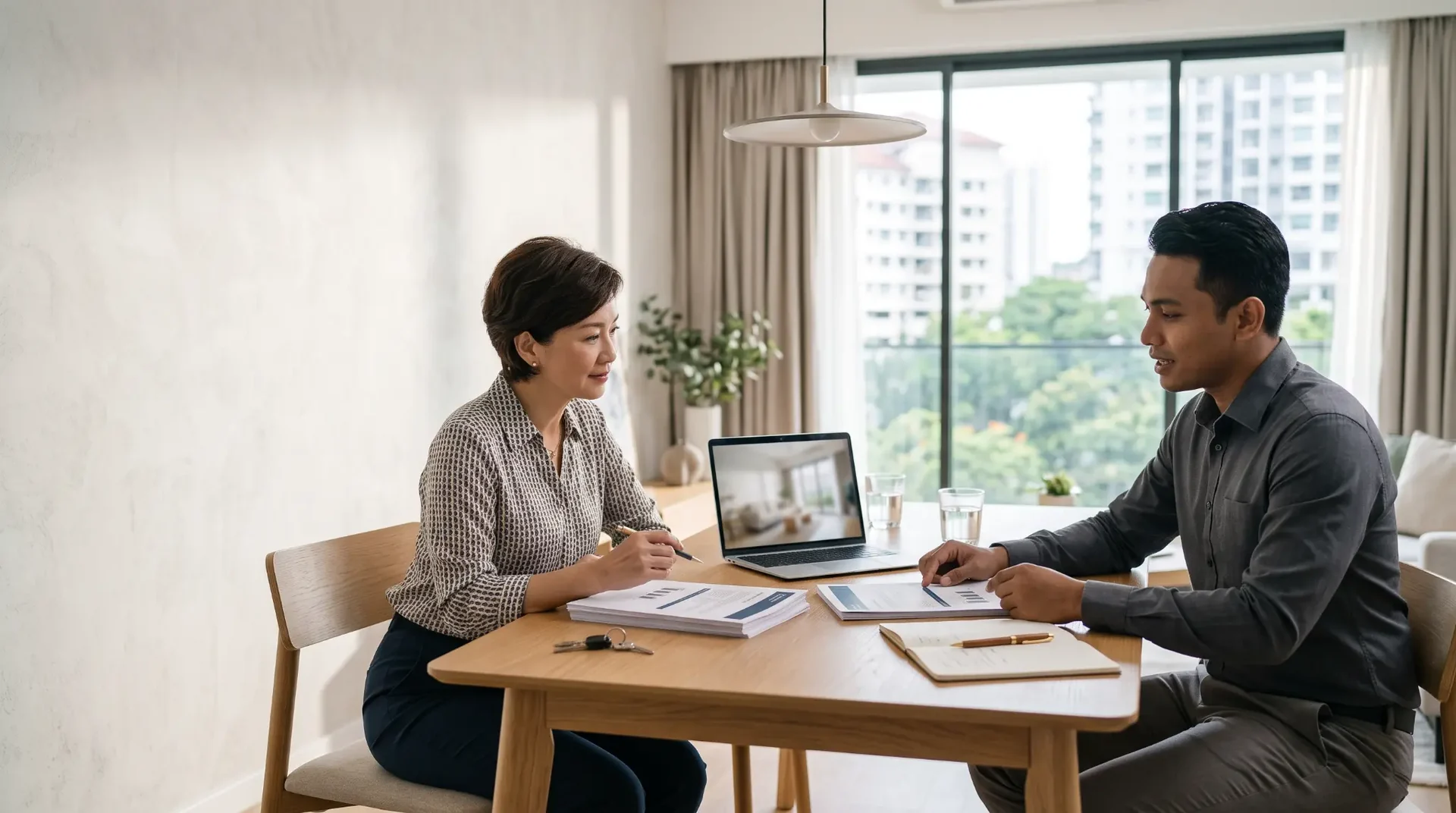 Property owner reviewing management options with a property manager in a Kuala Lumpur condominium